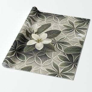 White Plumeria Sage Green Botanical Tile Wrapping Paper