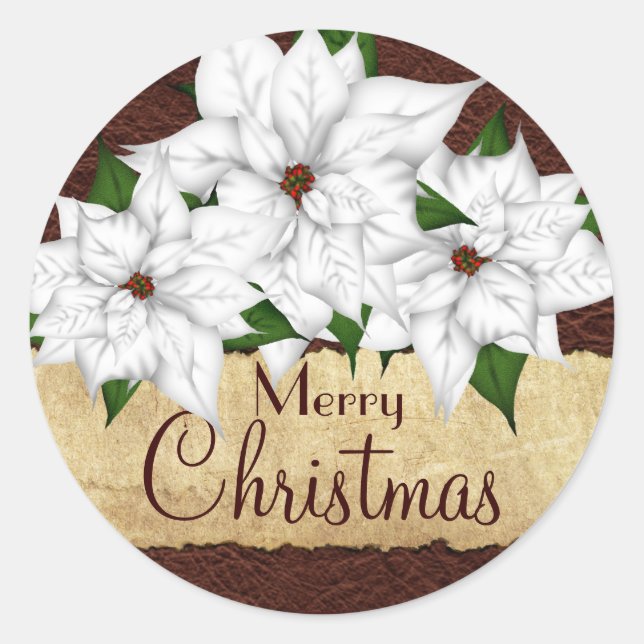 White Poinsettia Christmas Holiday Classic Round Sticker (Front)