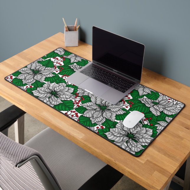 White poinsettia, Christmas pattern Desk Mat (Office 2)