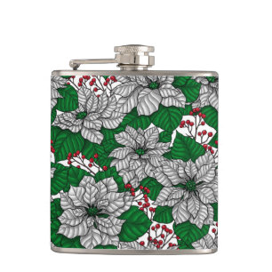 White poinsettia, Christmas pattern Hip Flask
