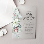 White Poinsettia Floral 40th Birthday Party<br><div class="desc">A perfect invitation for celebrating a 40th birthday during the Christmas holiday season, this elegant floral design features a lovely white watercolor poinsettia with eucalyptus, red berries and holly and a sage green background. Personalized with your specific party details. The age may be personalized to any age. For your convenience,...</div>