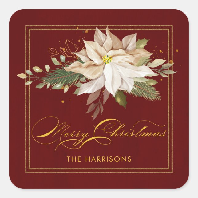 White Poinsettia & Merry Christmas Calligraphy Square Sticker (Front)