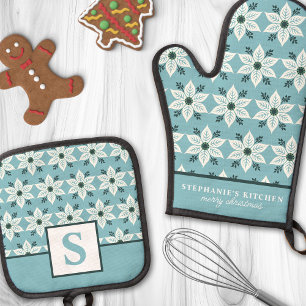 White Poinsettia on Blue Floral Monogrammed Oven Mitt & Pot Holder Set