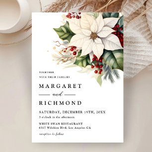 White Poinsettia & Red Berries Christmas Wedding  Invitation
