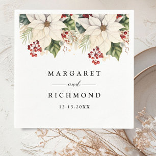 White Poinsettia Red Berries Winter Wedding Paper Napkin