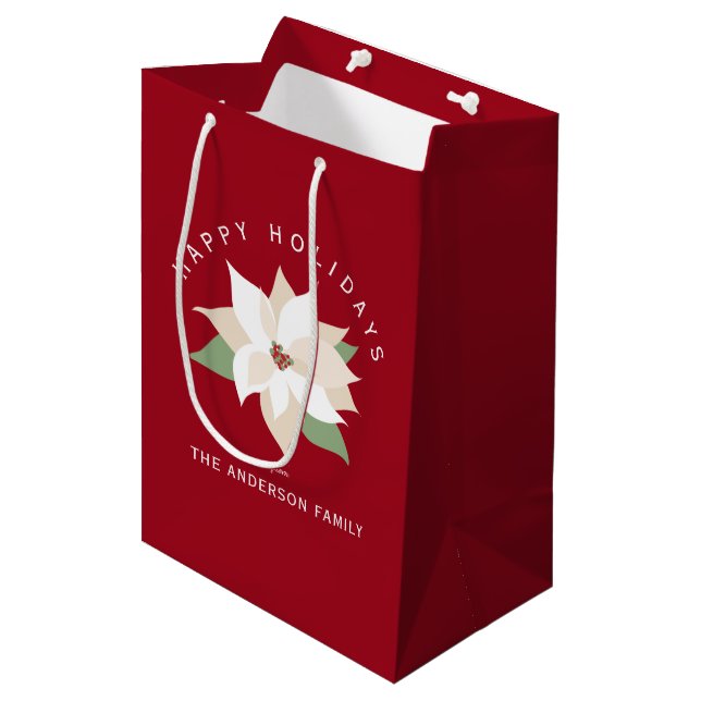 White Poinsettia Red Happy Holidays Medium Gift Bag (Front Angled)
