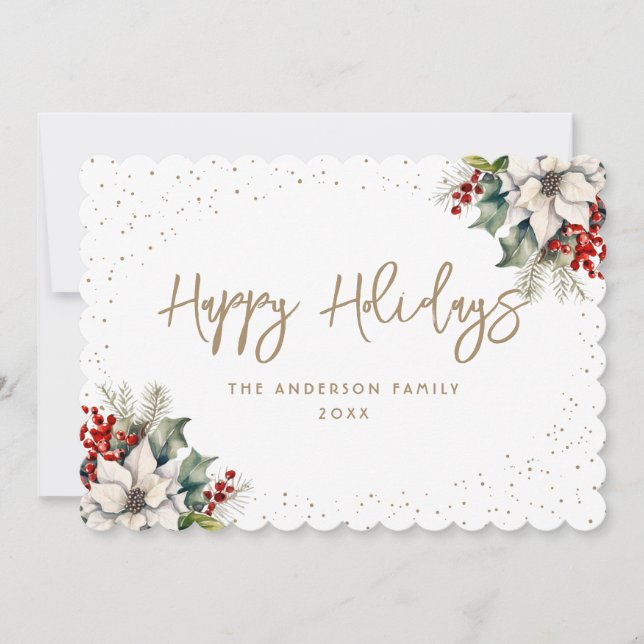 White Poinsettia Spruce Holly Red Berries Holiday Card (Front)