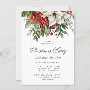 White Poinsettia Winter Berries Christmas Party Invitation