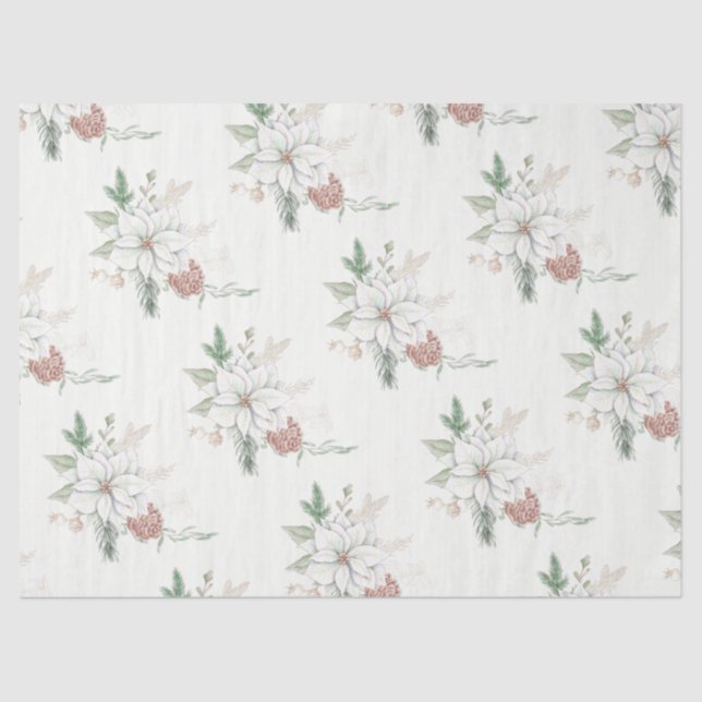 White Poinsettias and Pine Cones Tissue Paper (Front)