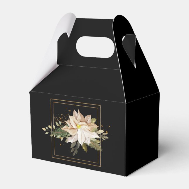 White Poinsettias & Faux Gold Glitter Leaves  Favor Box (Front Side)