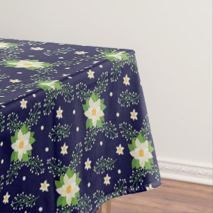 White Poinsettias Green Leaves Christmas on Navy Tablecloth