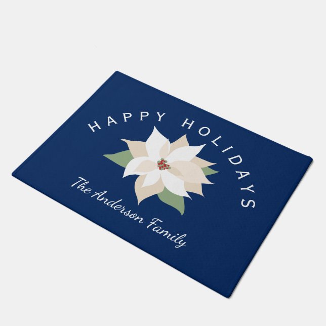 White Poinsettias, Happy Holidays, Personalized Doormat (Angled)