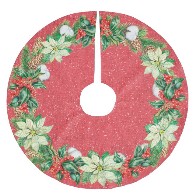 White Poinsettias, Holly and Berries Brushed Polyester Tree Skirt (Front)