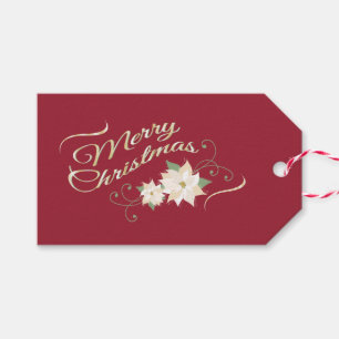 White Poinsettias on Dark Red, Merry Christmas Gift Tags