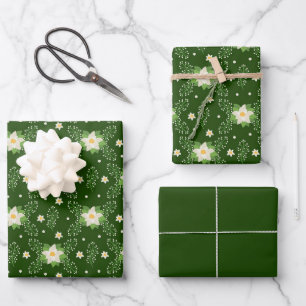 White Poinsettias on Green Background  Wrapping Paper Sheet