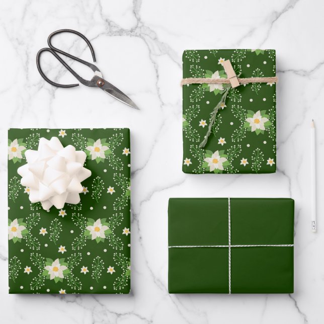 White Poinsettias on Green Background  Wrapping Paper Sheet (Front)