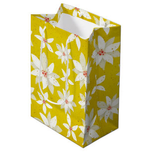 White Poinsettias Red Accents Bright Golden Yellow Medium Gift Bag