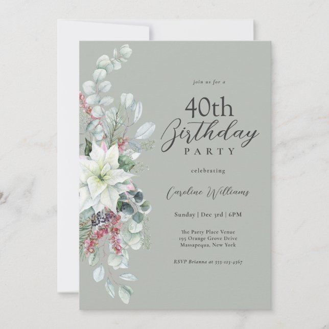 White Pointsettia Floral 40th Birthday Invitation (Front)