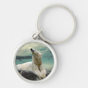 White Polar Bear Hunter on rock Keychain