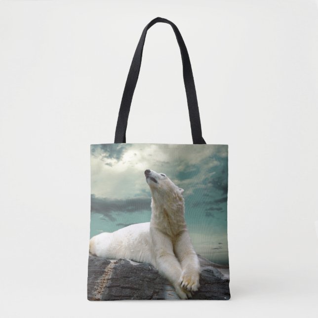 White Polar Bear Hunter on rock Tote Bag (Front)