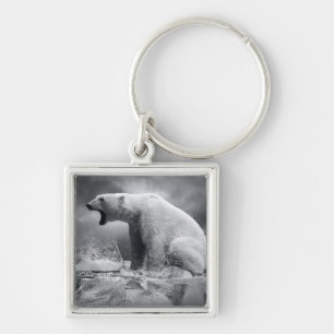 White Polar Bear Hunter on the Ice in water Keychain
