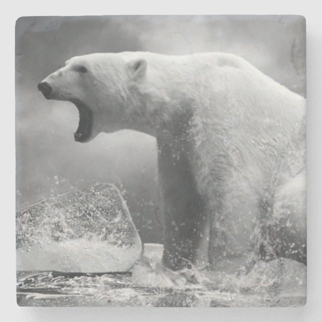 White Polar Bear Hunter on the Ice in water Stone Coaster (Front)