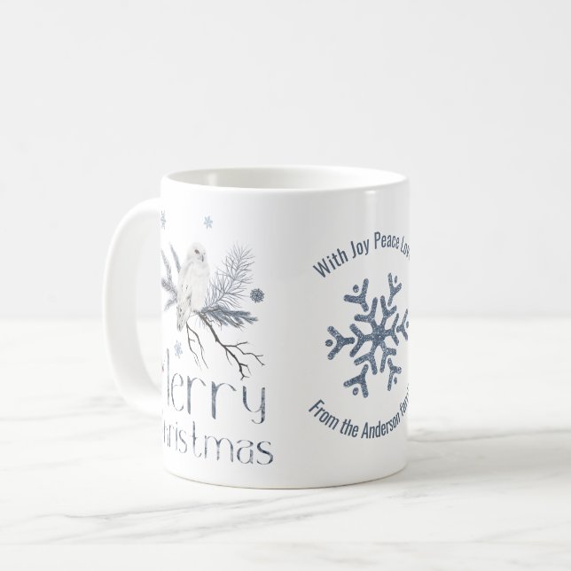 White Polar Owl On A Branch, Merry Christmas Coffee Mug (Front Left)