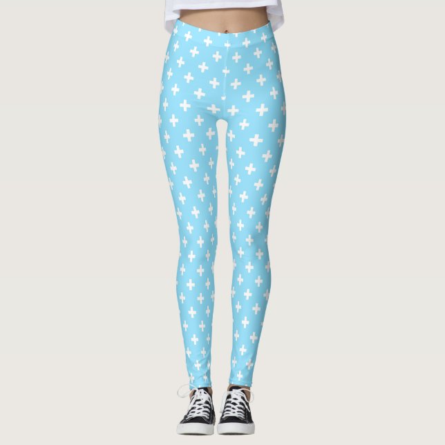 White polka crosses on baby blue leggings (Front)