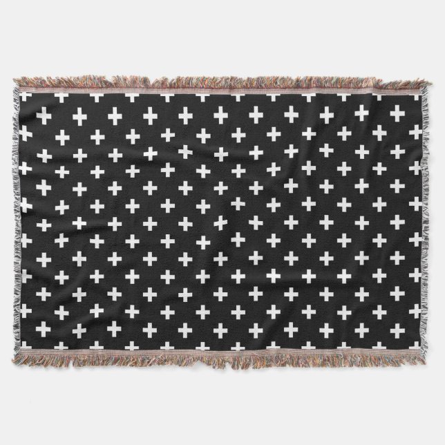 White polka crosses on black throw blanket (Front)