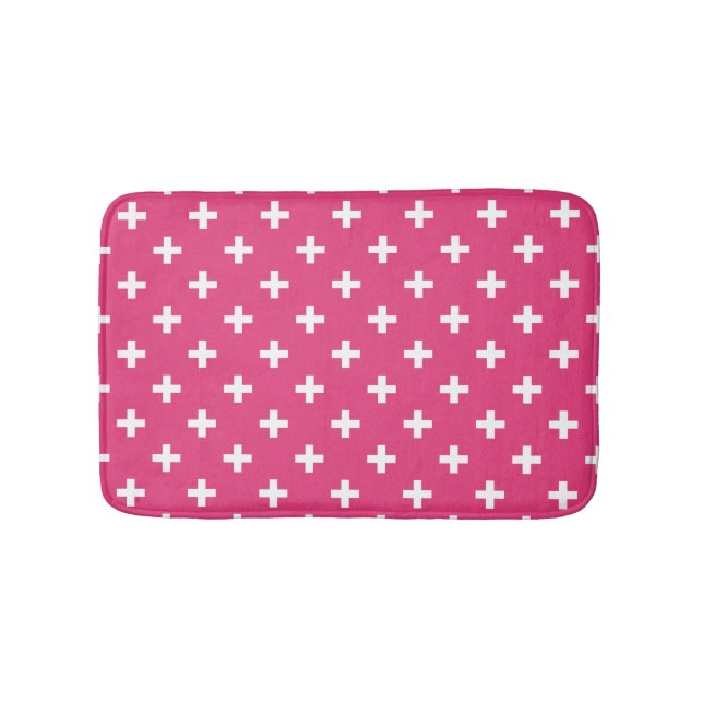 White polka crosses on fuchsia bath mat (Front)