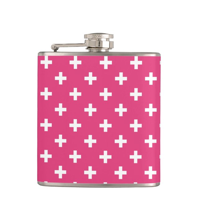 White polka crosses on fuchsia hip flask (Front)