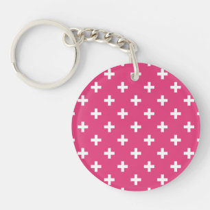 White polka crosses on fuchsia keychain