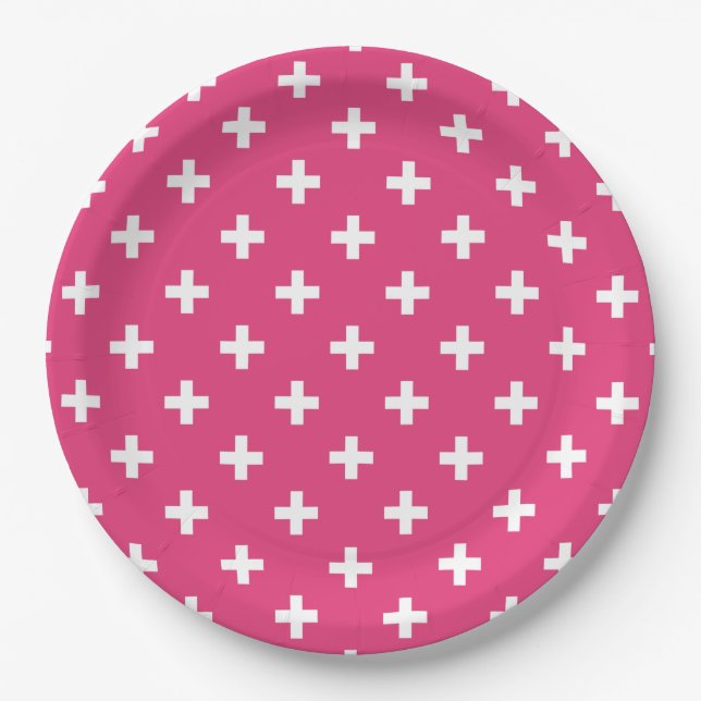 White polka crosses on fuchsia paper plate (Front)