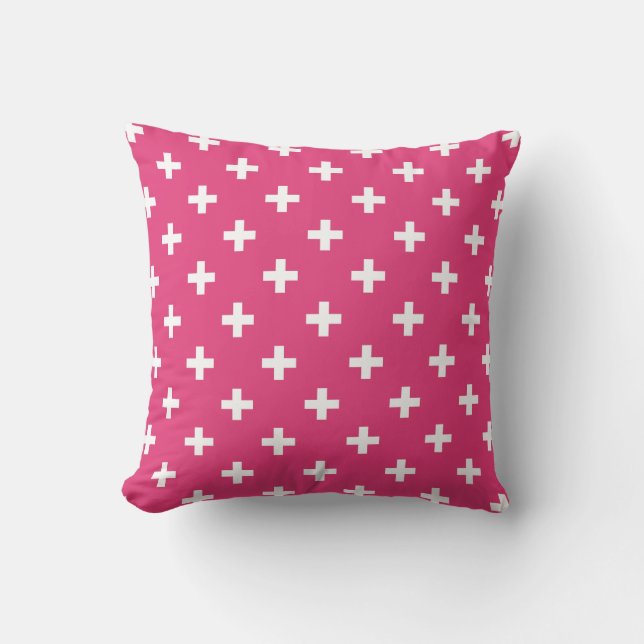 White polka crosses on fuchsia throw pillow (Front)