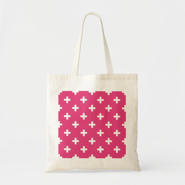 White polka crosses on fuchsia tote bag (Front)