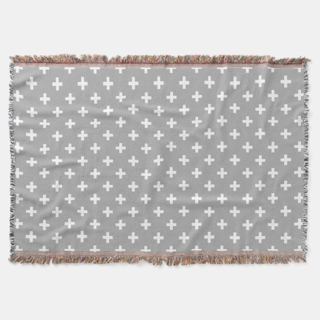 White polka crosses on gray throw blanket (Front)