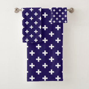 White polka crosses on navy blue bath towel set
