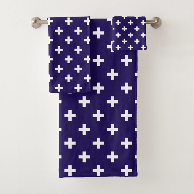 White polka crosses on navy blue bath towel set (Insitu)