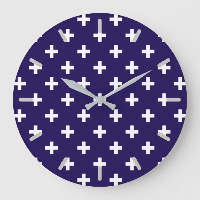 White polka crosses on navy blue large clock (Front)