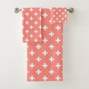 White polka crosses on peach bath towel set