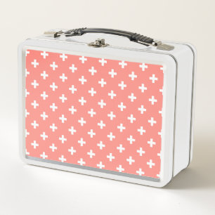 White polka crosses on peach metal lunch box