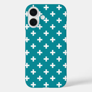 White polka crosses on teal iPhone 16 case