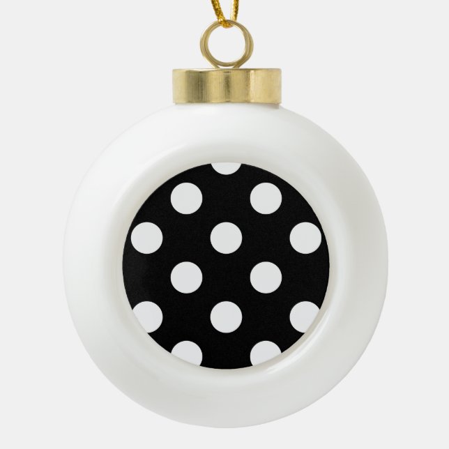 White Polka Dot on Black Pattern Ceramic Ball Christmas Ornament (Front)
