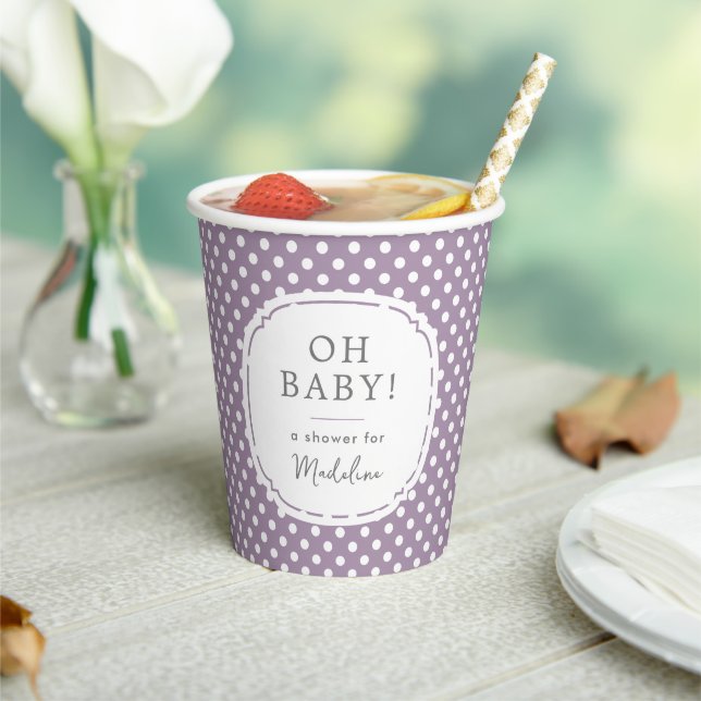White Polka Dot Pattern Oh Baby Shower Dusty Lilac Paper Cups (Insitu)