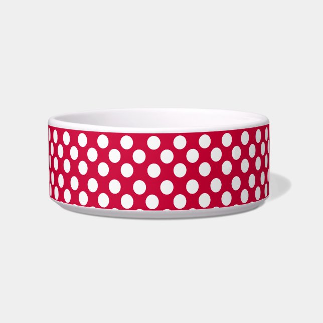 White Polka Dot Pattern on Red Dog or Cat Pet Bowl (Front)