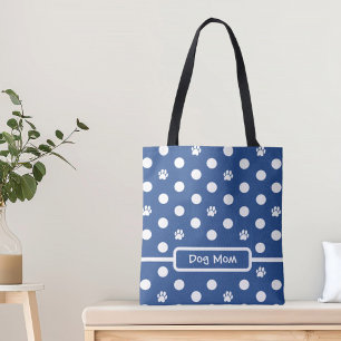 White Polka-Dot Paw Prints Blue Personalize Tote Bag