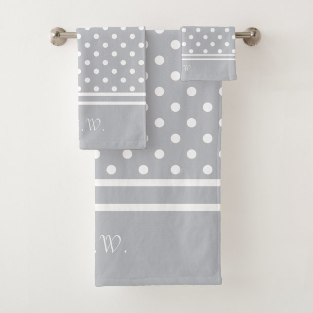 White Polka Dot Personalized Gray / Gray Bath Towel Set (Insitu)