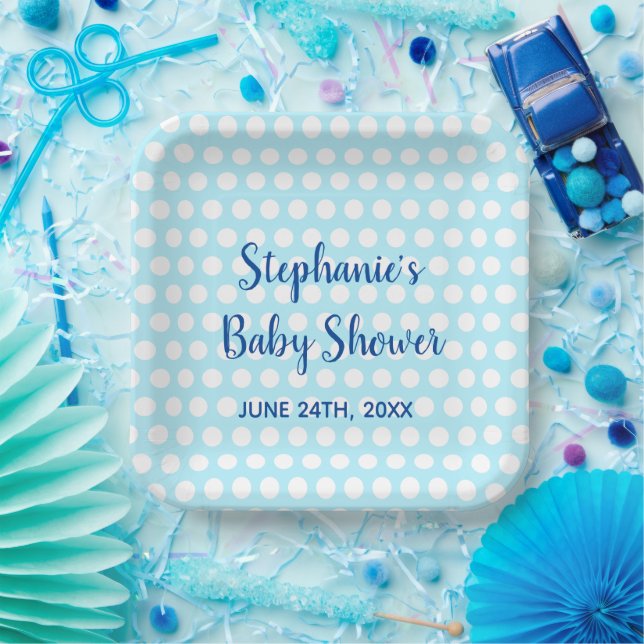 White Polka Dots Blue Girl Boy Baby Shower Party Paper Plate (Party)