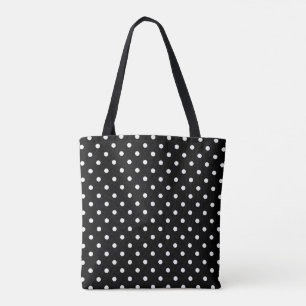 White polka dots medium on black tote bag
