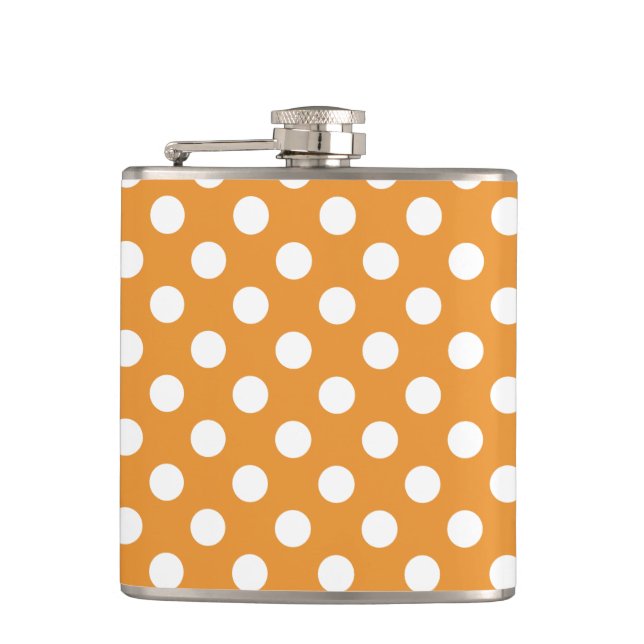 White polka dots on amber hip flask (Front)